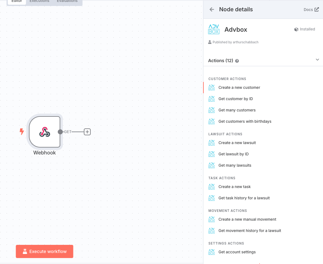 Interface do n8n com nodes ADVBOX - Clique para expandir