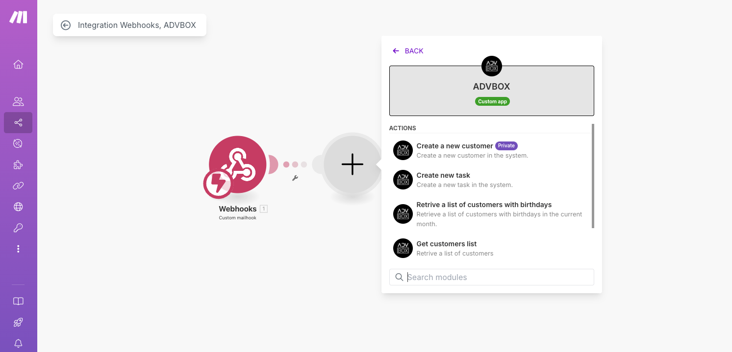 Interface do Make.com com módulos ADVBOX